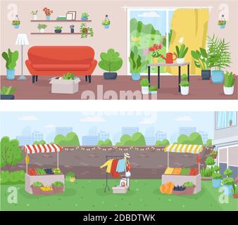 Jeu d'illustrations vectorielles couleur plates pour le jardinage et l'agriculture Illustration de Vecteur