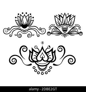 Ensemble d'ornements floraux abstraits, délimiteur, cadre, bordure, motif, dessin noir et blanc avec boucles, tourbillon, fleur, feuille, élément décoratif, tatouage, Illustration de Vecteur