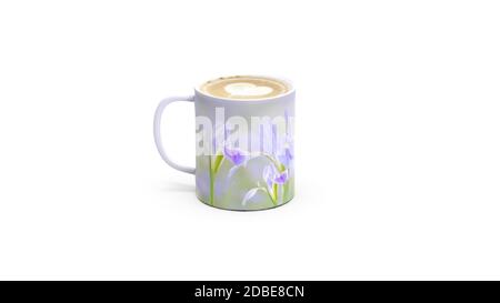 Le rendu 3d de la fleur de l'iris sur la tasse à café Banque D'Images