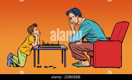 père et fils jouent aux échecs. Pop art rétro illustration vecteur 50s style 60s Banque D'Images