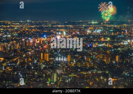 Feu d'artifice Chofu visible depuis l'observatoire du bâtiment du gouvernement métropolitain de Tokyo. Lieu de tournage : zone métropolitaine de Tokyo Banque D'Images