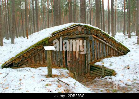 Dugout partisan en forêt d'hiver. Terre-maison construite par des partisans soviétiques dans la forêt ukrainienne pendant la guerre mondiale de Secont. Musée de la guerre en forêt Banque D'Images