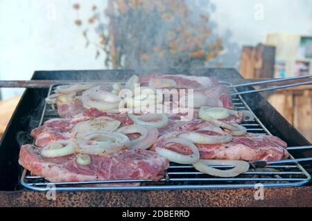 Des morceaux de viande avec des oignons sont cuits au barbecue. Morceaux d'oignon et de steak cuits au feu. Grillades au feu. Processus de cuisson de la viande. Cuisson Banque D'Images