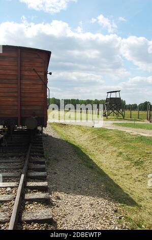 Train en bois utilisé pour transporter des prisonniers au camp de concentration d'auschwitz, Pologne Banque D'Images