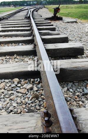 Pistes de train dans le camp de concentration d'Auschwitz, Pologne Banque D'Images