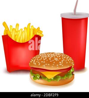 Fast food vector colorées isolé sur fond blanc. Dîner hamburger de restauration rapide et restaurant, de délicieux repas de fast food jeu malsain et fast fo Illustration de Vecteur