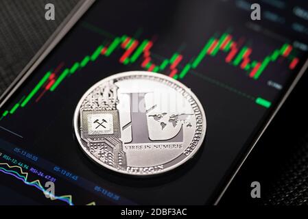 Argent litecoin crypto-monnaie trading sur smartphone gros plan Banque D'Images