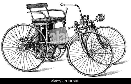 Le Stahlradwagen (voiture à roues en acier) du système Daimler, avec un moteur à essence. Allemagne. Illustration du XIXe siècle. Fond blanc. Banque D'Images
