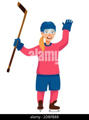 Réjouissez-vous du joueur de hockey. Personnage féminin de style dessin animé. Illustration de Vecteur