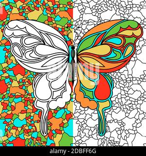 Pochoirs ornementaux colorés de beau papillon sur le fond de mosaïque, dessin à la main illustration vectorielle comme un livre de coloriage Illustration de Vecteur