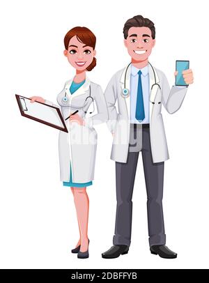 Vecteur de stock gai médecins, hommes et femmes personnages de dessin animé. Belle jeune femme et beau homme médecins. Illustration vectorielle Illustration de Vecteur