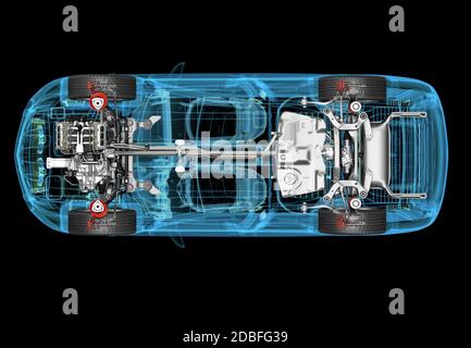 Illustration 3D technique d'une voiture SUV avec effet de rayons X et système de groupe motopropulseur. Vue de dessus sur fond noir. Banque D'Images