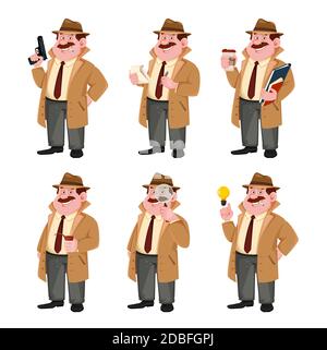 Personnage de détection de vecteur de stock, jeu de six poses. Personnage de dessin animé Investigateur. Illustration vectorielle Illustration de Vecteur