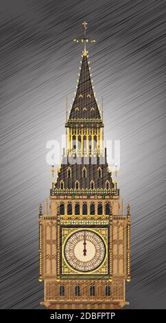 Une illustration détaillée de l'horloge de Big Ben qui surfe à minuit avec le temps. Banque D'Images