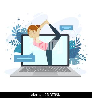 Concept de cours de yoga en ligne avec illustration vectorielle pour femme et ordinateur portable Illustration de Vecteur