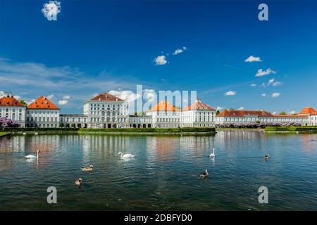 Les cygnes et canards dans la piscine artificiel devant le Palais Nymphenburg. Munich, Bavière, Allemagne Banque D'Images