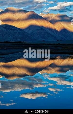 Himalaya au coucher du soleil avec caravane de chameau. Hunber, vallée de Nubra, Ladakh, Inde Banque D'Images