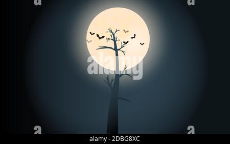Halloween nuit sombre ciel. Les chauves-souris volent près d'un arbre solitaire sinistre sur fond de lune. Ambiance festive et sombre. Vecteur. Couleur Illustration de Vecteur