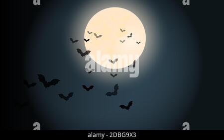 Halloween nuit sombre ciel. Les chauves-souris volent près d'un arbre solitaire sinistre sur fond de lune. Ambiance festive et sombre. Vecteur. Couleur Illustration de Vecteur