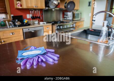 Masque N-95 et gants jetables en nitrile sur une table de cuisine en acier Banque D'Images