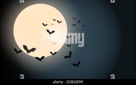 Halloween nuit sombre ciel. Les chauves-souris volent près d'un arbre solitaire sinistre sur fond de lune. Ambiance festive et sombre. Vecteur. Couleur Illustration de Vecteur