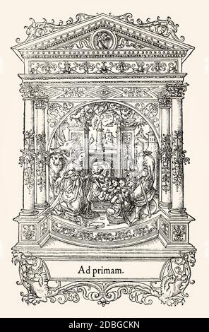 Page de titre par Geofroy Tory, naissance de l'enfant, de Natura Stirpium Libri Tres Joanne Ruellio Authore, 1536, restauré numériquement Banque D'Images