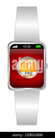 Montre intelligente avec bouton FAQ orange sur écran rouge - illustration 3D Banque D'Images