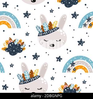 Joli motif sans couture avec arc-en-ciel, lapin, nuages, plumes et étoiles dans l'illustration vectorielle isolée de style scandinave à arrière-plan blanc. Illustration de Vecteur