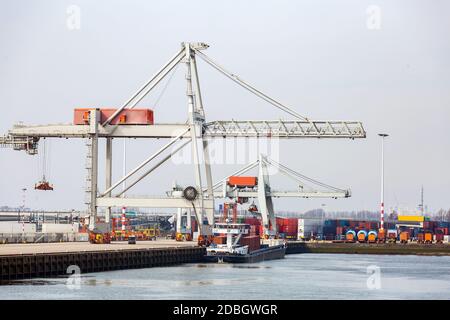 Grand bateau avec les conteneurs de fret fret marchandises sur le quai pile port quais en attente de frêt transport au Port de Rotterdam Neth Banque D'Images