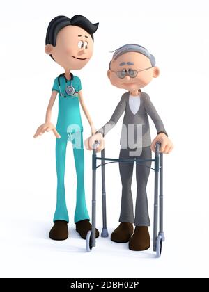 Rendu 3D d'un jeune sympathique sympathique et souriant médecin de dessin animé portant un stéthoscope aidant un homme âgé avec un marcheur. Fond blanc. Banque D'Images