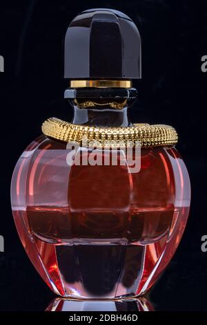 Parfum luxueux en rouge magnifique bouteille en verre avec décorations or et capuchon noir isolé sur fond noir. Espace. Photographie macro. Banque D'Images