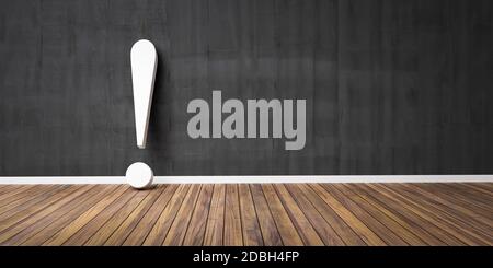 Point d'exclamation blanc sur plancher en bois et mur noir en béton Illustration 3D Avertissement concept Banque D'Images
