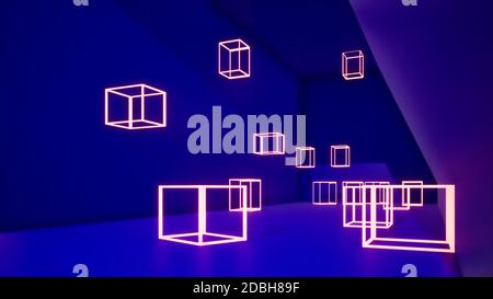 arrière-plan abstrait bleu et violet avec cubes néon, rendu 3d Banque D'Images