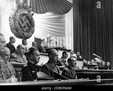 La photo montre des membres du Reichstag en 1941 qui viennent de décider de déclarer la guerre aux États-Unis. De gauche à droite Wilhelm Keitel, Wernherr von Brauchitsch, Erich Rader, Joachim Ribbentrop, Adolf Hitler. Dans la présidence du Reichstag Président Hermann Goering et en dessous de lui Julius Schaub et caché Hans Heinrich Lammers. Banque D'Images