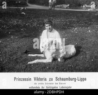 Princesse Viktoria de Schaumburg-Lippe (née de Prusse, sœur de Guillaume II) avec un chien dans un pré dans un parc. Elle est devenue âgée de 50 ans le 12 avril 1916. Banque D'Images