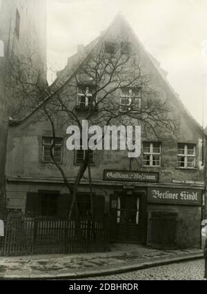 'La photo montre le restaurant ''Zum Nussbaum'' à Fischerstrasse 21 (aujourd'hui: Am Nussbaum 3) à Berlin-Mitte. C'était le plus ancien restaurant de Berlin et la plus ancienne maison d'Alt-Koelln. L'année 1507 a été écrite sur le mur de la cave et un noyer se dresse devant la maison à pignons. Photo non datée, probablement prise autour de 1920.' Banque D'Images