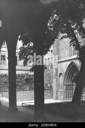 La photo montre l'église du monastère franciscain de Berlin-Mitte en 1933, vue de l'ancien cloître. Il y a un châtaignier dans la cour intérieure. Banque D'Images