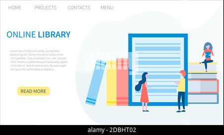 Bibliothèque en ligne, livre électronique, librairie numérique, lecture électronique, apprentissage en ligne, concept éducatif. Modèle de page d'arrivée. Illustration vectorielle en conception plate Illustration de Vecteur