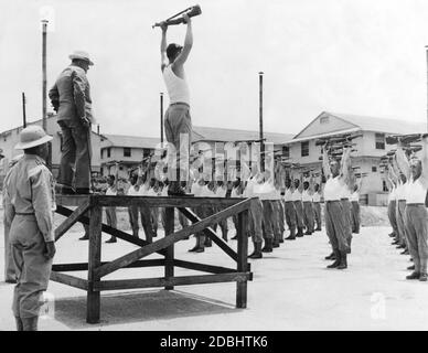 Le Premier ministre anglais Winston Churchill (sur le piédestal gauche) observe une troupe de soldats américains pendant une séance d’entraînement. Banque D'Images