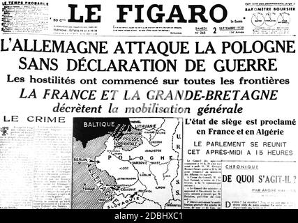 'Le 2 septembre 1939, le quotidien français ''le Figaro'' a rapporté l'attaque allemande contre la Pologne et la mobilisation générale qui en a résulté en France.' Banque D'Images