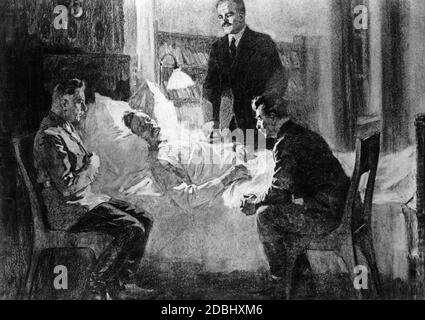 Voroshilov, Molotov et Staline au chevet du malade de l'écrivain stalinien Maxim Gorky. Banque D'Images