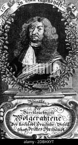 'En 1617, Caspar von Teutleben fonde la ''Fruchtbringende Gesellschaft'' (''Fruithearing Society''), également connue sous le nom de ''Palmen-Order'' (''' Palm Order'), une société linguistique qui voulait promouvoir la langue écrite et parlée allemande. Août, duc de Saxe, est le troisième chef de la société. La société, qui était composée de nombreux aristocrates, poètes et écrivains, a été dissoute en 1680. Banque D'Images