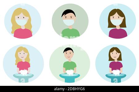 Personnes dans des masques médicaux. Un homme et une femme se lavent les mains. Concept de santé et d'assainissement, propreté, prévention des maladies infectieuses et Illustration de Vecteur