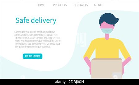 Livraison en toute sécurité. Livraison les hommes dans un masque médical de visage livre une boîte. Commande en ligne de produits et de nourriture. Le concept de shopping sans contact. Livraison en toute sécurité Illustration de Vecteur