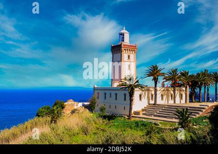 Cap Spartel, Tanger Maroc. Beau phare de Cap Spartel près de Tanger et Gibraltar, Maroc. Banque D'Images