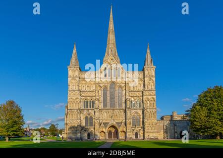 Vue de la cathédrale de Salisbury contre un ciel bleu clair, Salisbury, Wiltshire, Angleterre, Royaume-Uni, Europe Banque D'Images