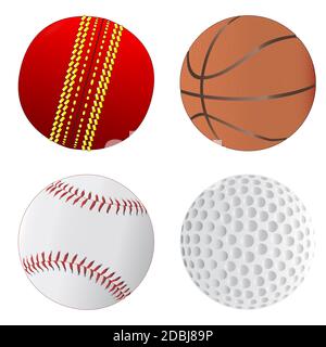 Un ensemble de quatre sports balls isolated on white - Golf, Cricket, Baseball, basket-ball. Banque D'Images