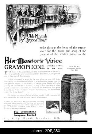 YE Olde Minstrels des temps passés nostalgique 1914 de son Maître La publicité du Gramophone de la voix du Studio un magazine illustré de Fine et appli Banque D'Images