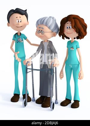 Rendu 3D d'une jeune infirmière et d'un sympathique médecin de dessin animé souriant portant un stéthoscope aidant une femme âgée avec marcheur. Fond blanc. Banque D'Images
