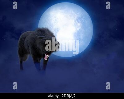 Rendu 3D d'un loup ou d'un loup-garou agressif grognant noir avec des yeux rouges lumineux devant une grande lune. Étoiles dans le ciel nocturne, brouillard sur le sol. Banque D'Images